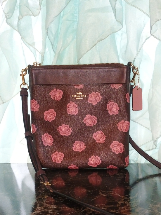 Coach Handbags - Coach Brown Crossbody Bag with Pink Rose Print